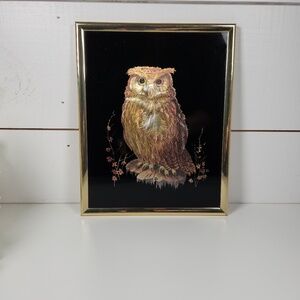 Vintage 1980s Perched Owl Metallic Foil Art, Kafka Ind- Framed VTG Art- Woodland